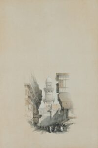 A drawing of a building with a tower in the background