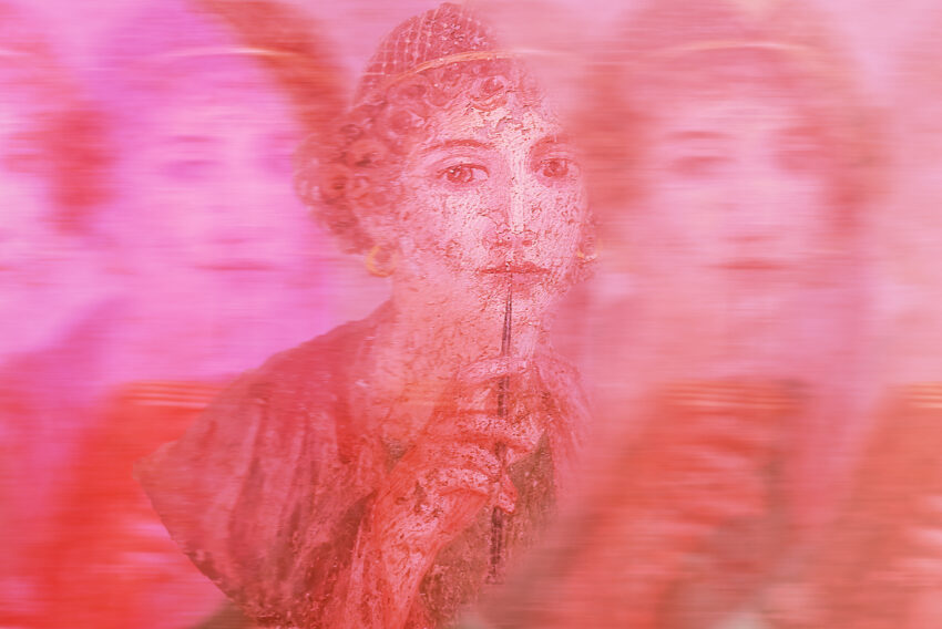 Portrait of a Young Woman with Stylus, Pompeii, first century AD. Naples National Archaeological Museum. Photograph by Sylvain Lasco / Wikimedia Commons, CC BY-SA 4.0. Image modified.